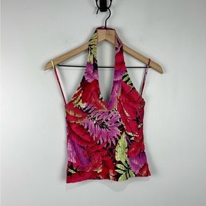 Cache Red & Pink Stretchy Tropical Halter Top S